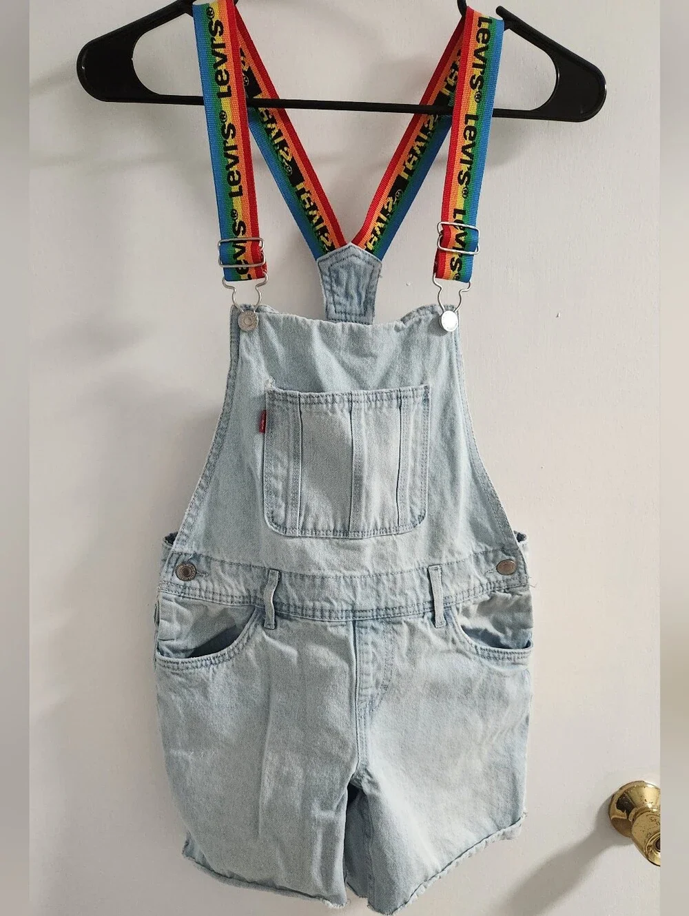 Levi's Girls Denim Shortall With Rainbow Strap Suspenders , Size 12 R